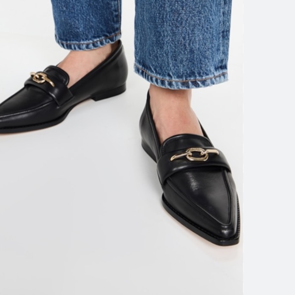 Anine Bing Black Leather Pointed Toe Loafers with Gold Hardware